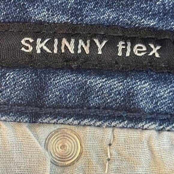 Black Premium Skinny Flex Blue trendy Jeans Distressed Patches Sz 28 /28 Hemmed - Picture 8 of 10